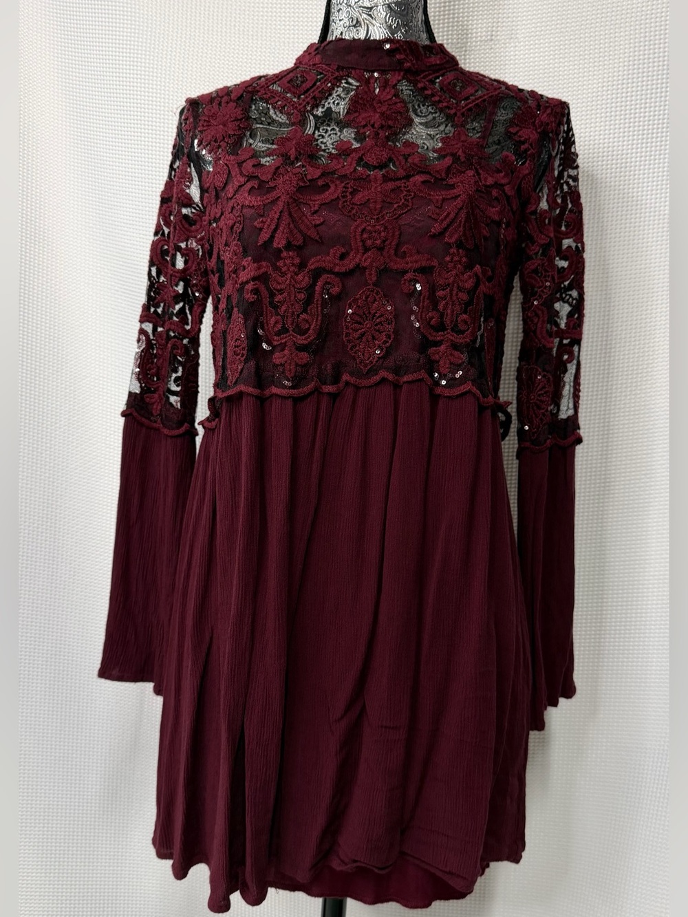 Altar'd State Burgundy Lace Yoke Long Sleeve Dress